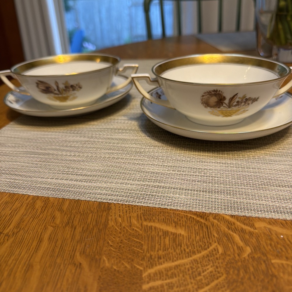 2 Royal Copenhagen Denmark Golden Basket Flat Cream Soup Bowls & Saucers-mint!